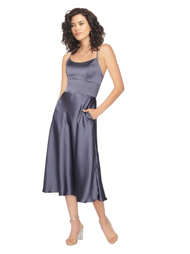 A-Linien Scoop Midi Seidiger Satin Kurze Brautjungfernkleider / Abiballkleider / Cocktailkleider / Heimkehr Kleider Ausverkauf