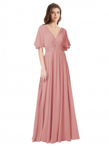 A-Linien V-Ausschnitt Chiffon Lange Brautjungfernkleider Ausverkauf