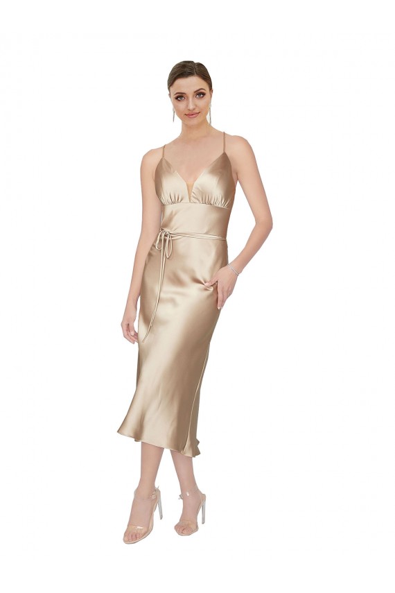 A-Linien V-Ausschnitt Midi Seidiger Satin Kurze Formale Brautjungfernkleider / Abendkleider / Abiballkleider / Cocktailkleider Ausverkauf