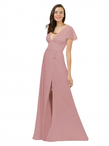 Altrosa A-Linien V-Ausschnitt Chiffon Lange Brautjungfernkleider Ausverkauf