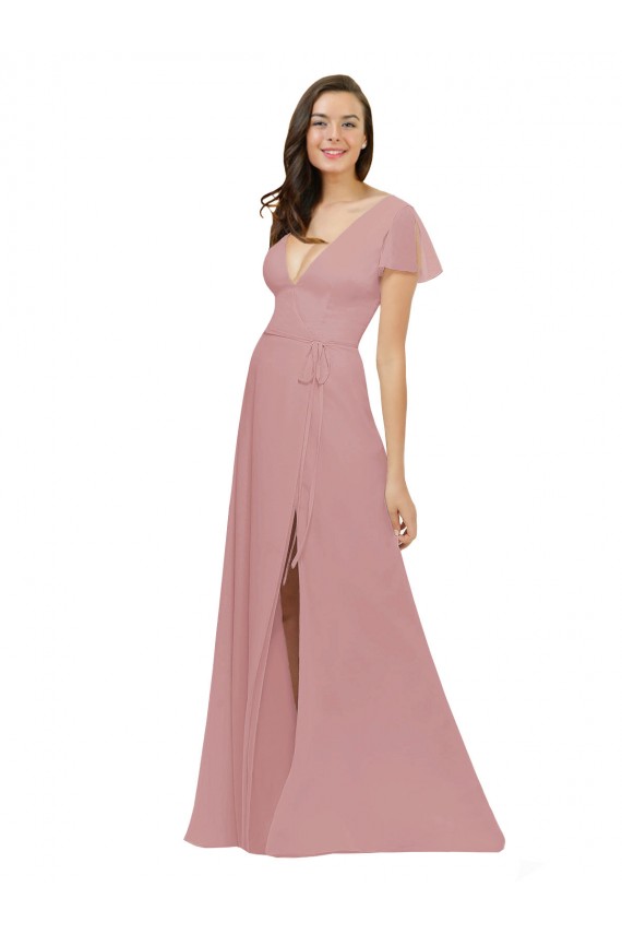 Altrosa A-Linien V-Ausschnitt Chiffon Lange Brautjungfernkleider Ausverkauf