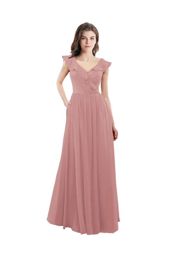 Altrosa A-Linien V-Ausschnitt Chiffon Lange Brautjungfernkleider Ausverkauf