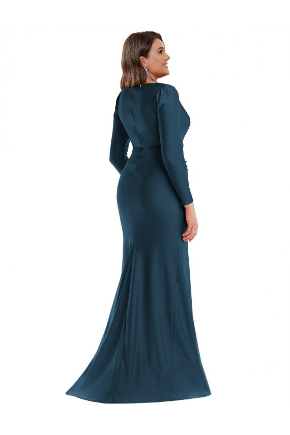Atlantikblau Meerjungfrau V-Ausschnitt Seidiger Satin Lange Formale Brautjungfernkleider / Abendkleider / Abiballkleider Ausverkauf