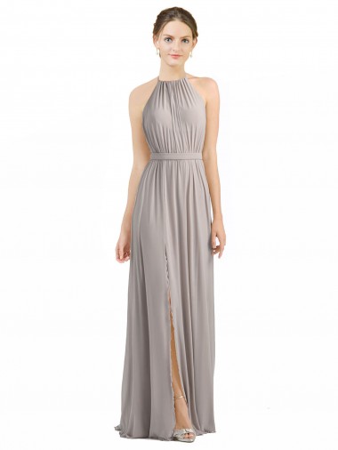 Austernsilber A-Linien Neckholder Chiffon Lange Brautjungfernkleider Ausverkauf