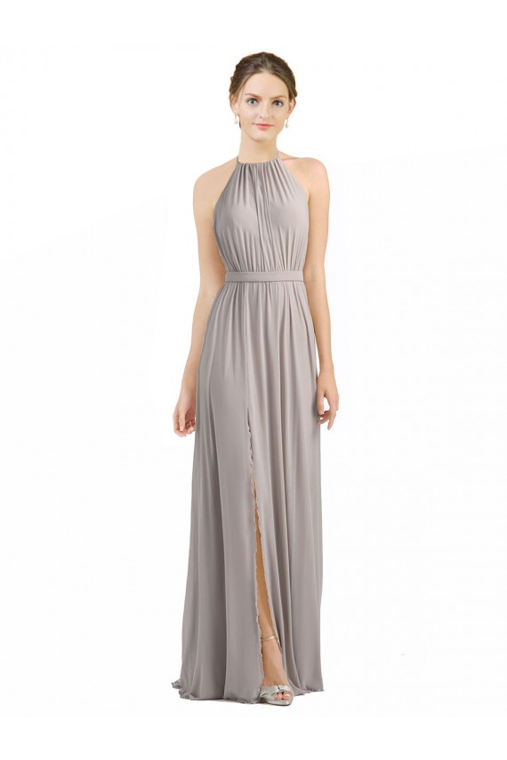 Austernsilber A-Linien Neckholder Chiffon Lange Brautjungfernkleider Ausverkauf
