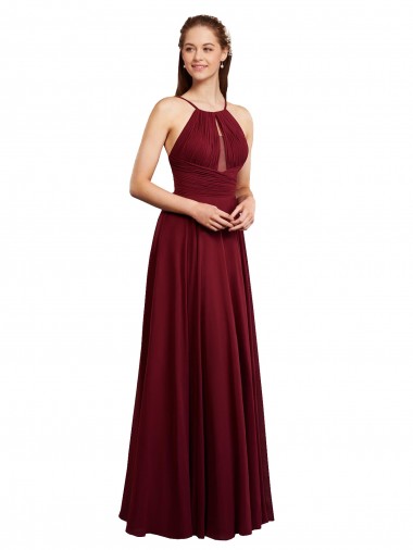 Burgunderrot A-Linien Spaghetti-Träger Neckholder Chiffon Lange Brautjungfernkleider Ausverkauf