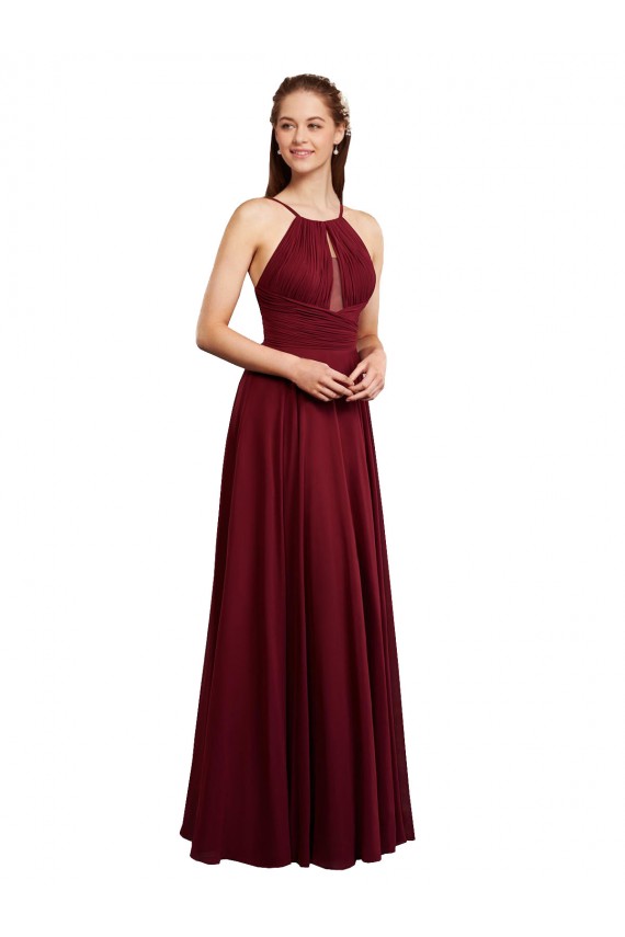 Burgunderrot A-Linien Spaghetti-Träger Neckholder Chiffon Lange Brautjungfernkleider Ausverkauf