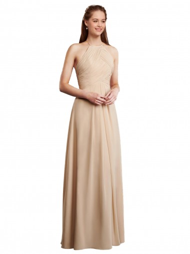 Champagner A-Linien Neckholder Chiffon Lange Brautjungfernkleider Ausverkauf