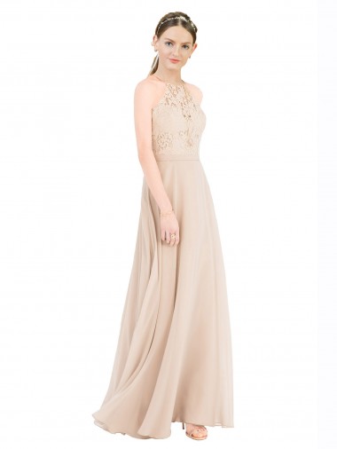 Champagner A-Linien Neckholder Stehkragen Ausschnitt Chiffon Spitze Lange Brautjungfernkleider / Abiballkleider Ausverkauf