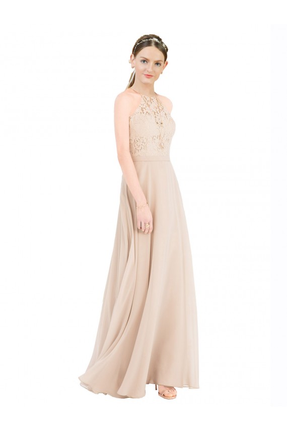 Champagner A-Linien Neckholder Stehkragen Ausschnitt Chiffon Spitze Lange Brautjungfernkleider / Abiballkleider Ausverkauf