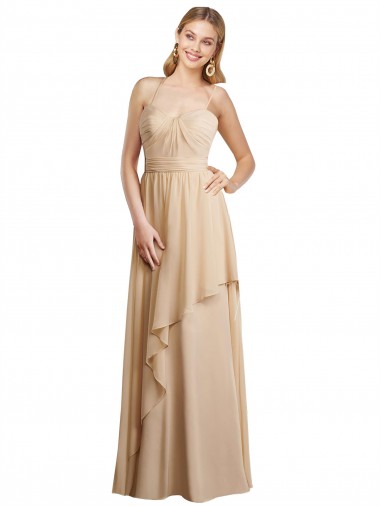 Champagner A-Linien Spaghetti-Träger Chiffon Lange Brautjungfernkleider Ausverkauf