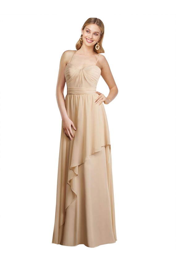 Champagner A-Linien Spaghetti-Träger Chiffon Lange Brautjungfernkleider Ausverkauf