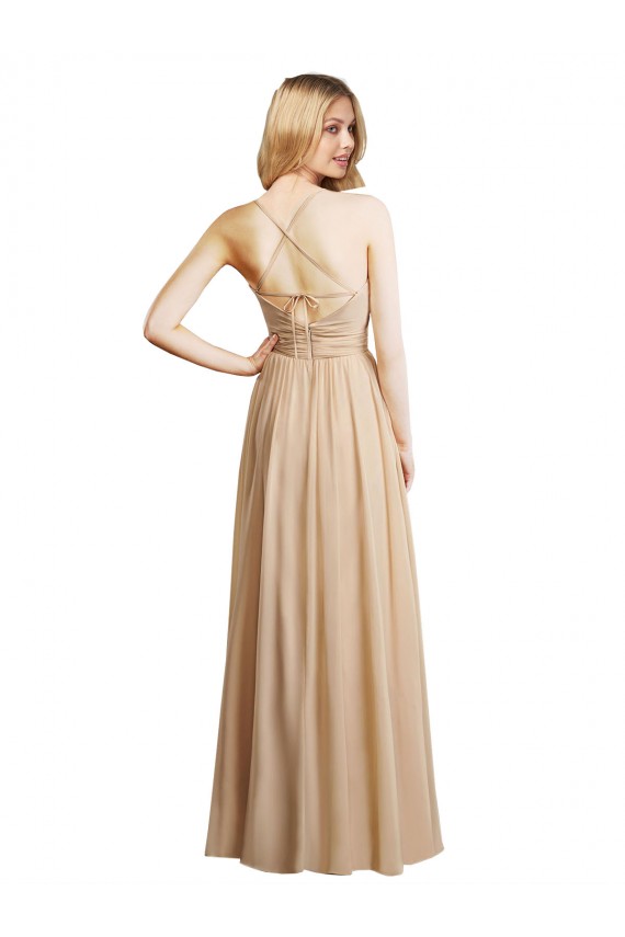 Champagner A-Linien Spaghetti-Träger Chiffon Lange Brautjungfernkleider Ausverkauf