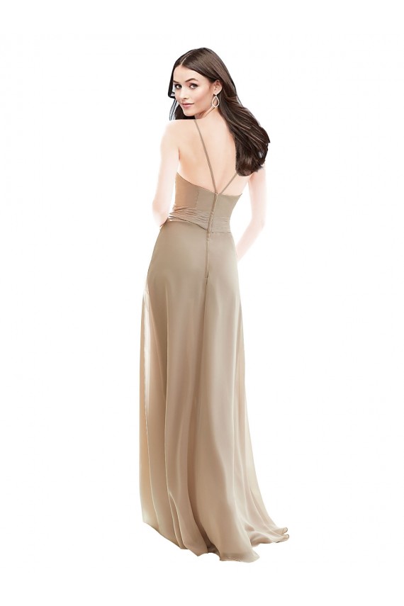 Champagner A-Linien Stehkragen Ausschnitt Chiffon Lange Brautjungfernkleider Ausverkauf