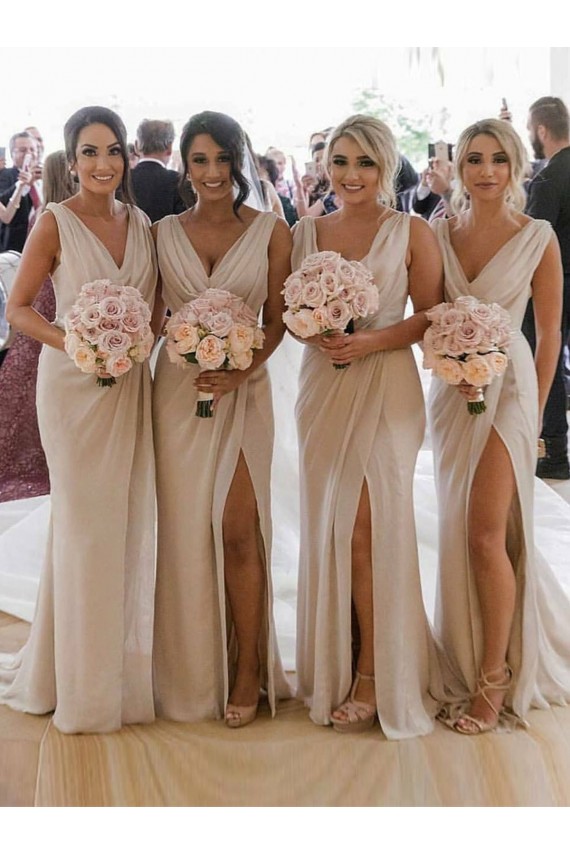 Champagner A-Linien V-Ausschnitt Chiffon Lange Brautjungfernkleider Ausverkauf