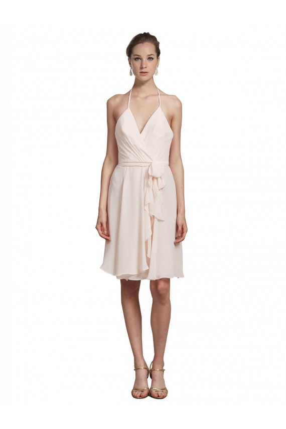 Creme Rosa A-Linien Neckholder V-Ausschnitt Knielang Chiffon Kurze Brautjungfernkleider / Cocktailkleider / Heimkehr Kleider Ausverkauf