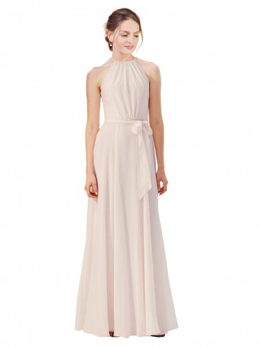 Creme Rosa A-Linien Stehkragen Ausschnitt Chiffon Lange Brautjungfernkleider Ausverkauf