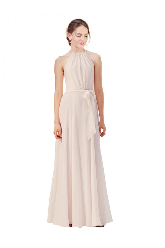 Creme Rosa A-Linien Stehkragen Ausschnitt Chiffon Lange Brautjungfernkleider Ausverkauf