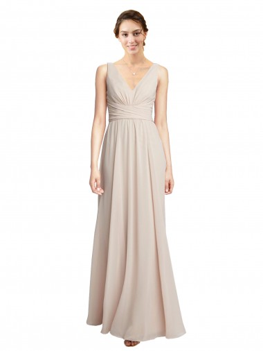 Creme Rosa A-Linien V-Ausschnitt Chiffon Lange Brautjungfernkleider Ausverkauf
