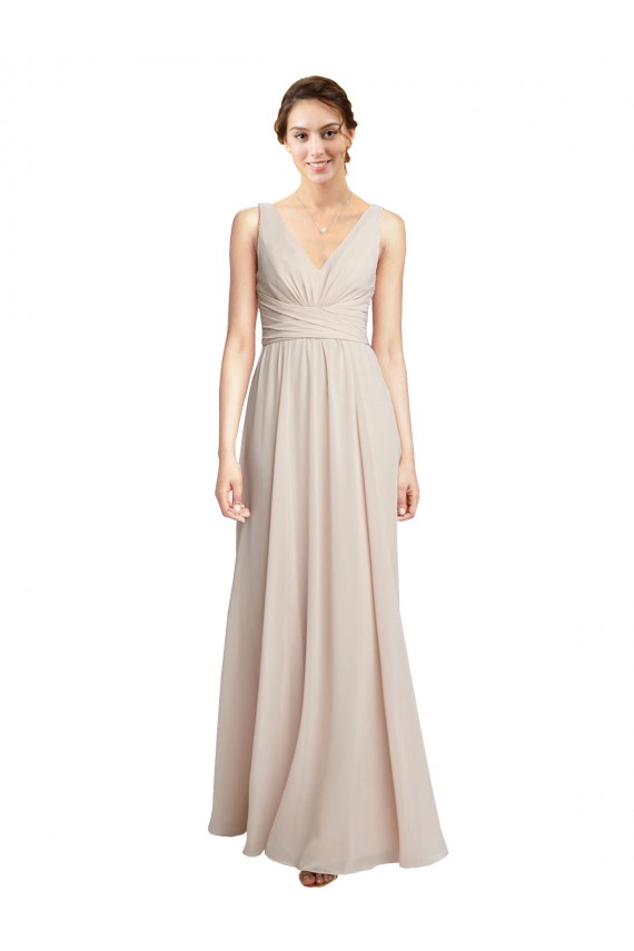 Creme Rosa A-Linien V-Ausschnitt Chiffon Lange Brautjungfernkleider Ausverkauf