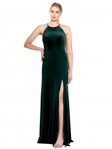 Dunkelgrün A-Linien Spaghetti-Träger Jewel Neck Stretch-Samt Lange Brautjungfernkleider / Abiballkleider Ausverkauf
