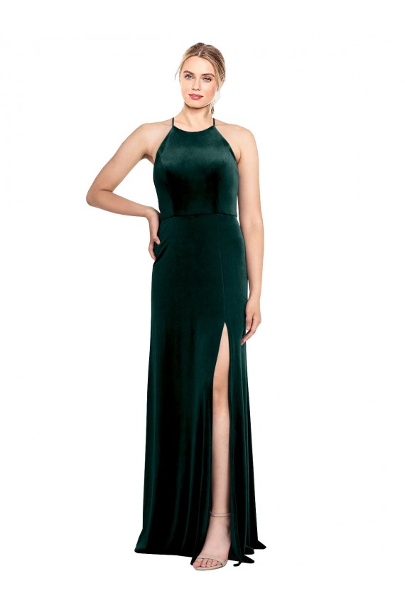 Dunkelgrün A-Linien Spaghetti-Träger Jewel Neck Stretch-Samt Lange Brautjungfernkleider / Abiballkleider Ausverkauf