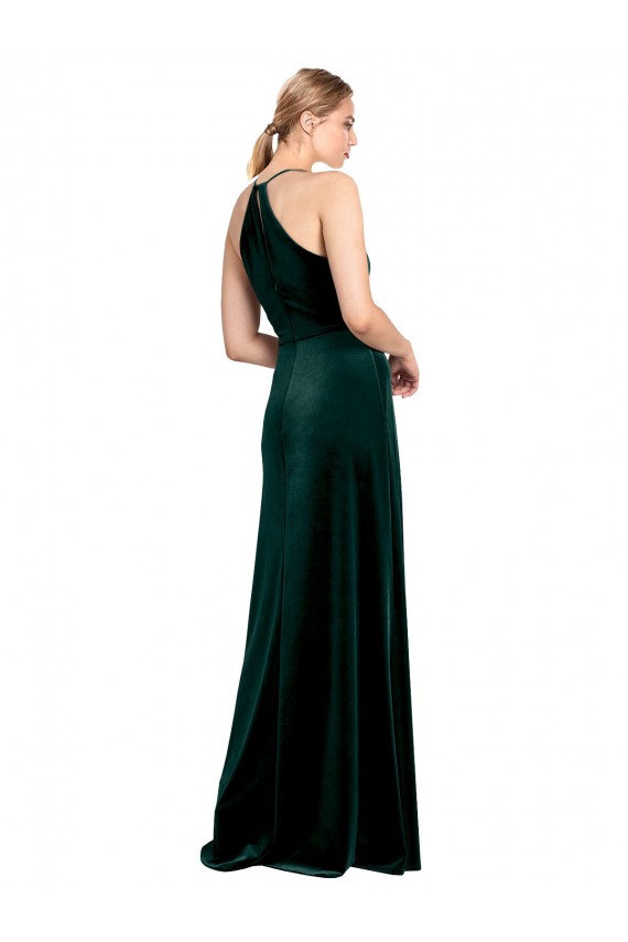 Dunkelgrün A-Linien Spaghetti-Träger Jewel Neck Stretch-Samt Lange Brautjungfernkleider / Abiballkleider Ausverkauf