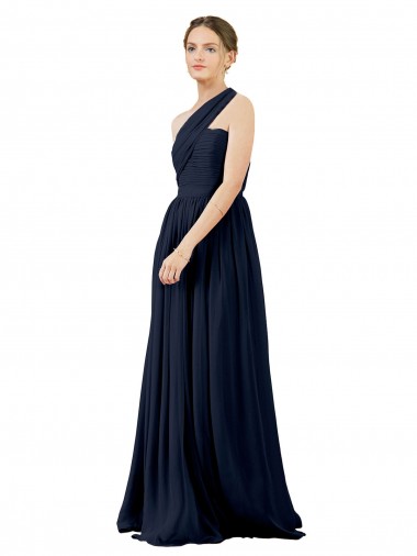 Dunkelmarine A-Linien Eine-Schulter Chiffon Lange Brautjungfernkleider Ausverkauf