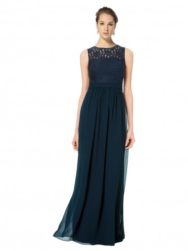 Dunkelmarine A-Linien Illusion Ausschnitt Chiffon Spitze Lange Brautjungfernkleider Ausverkauf