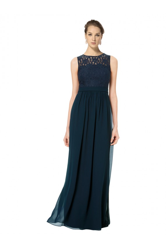 Dunkelmarine A-Linien Illusion Ausschnitt Chiffon Spitze Lange Brautjungfernkleider Ausverkauf