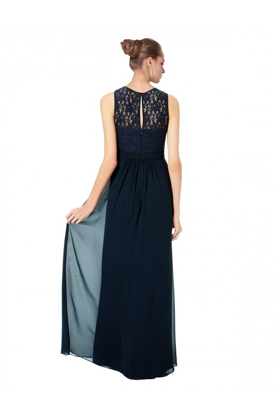 Dunkelmarine A-Linien Illusion Ausschnitt Chiffon Spitze Lange Brautjungfernkleider Ausverkauf