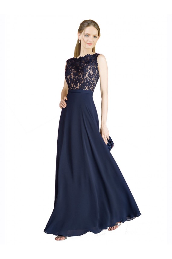 Dunkelmarine A-Linien Illusion Ausschnitt Chiffon Spitze Lange Brautjungfernkleider / Abiballkleider Ausverkauf