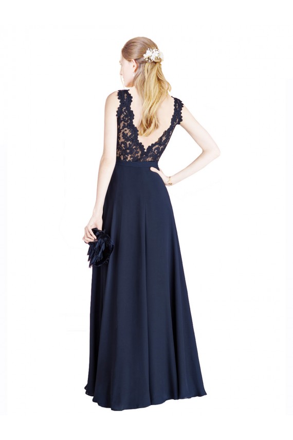 Dunkelmarine A-Linien Illusion Ausschnitt Chiffon Spitze Lange Brautjungfernkleider / Abiballkleider Ausverkauf