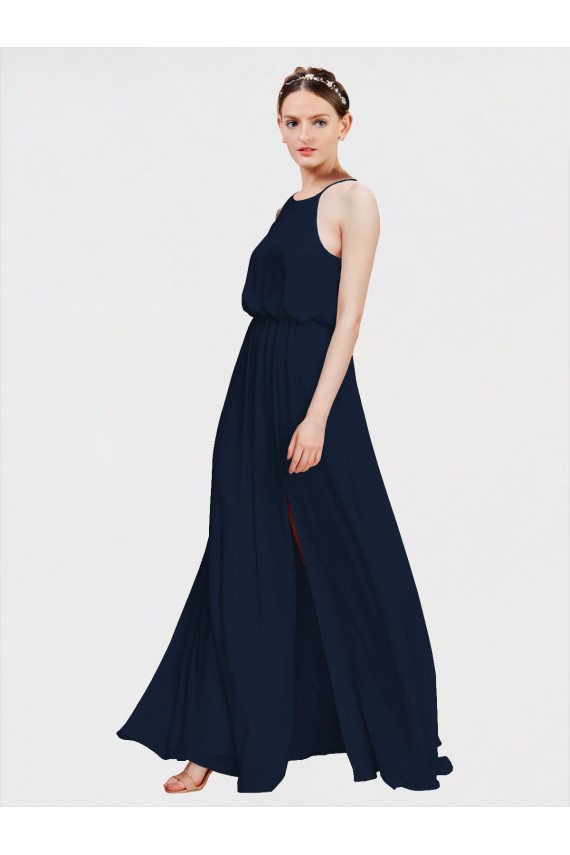 Dunkelmarine A-Linien Neckholder Chiffon Lange Brautjungfernkleider Ausverkauf