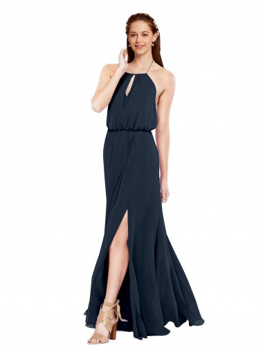 Dunkelmarine A-Linien Neckholder Chiffon Lange Brautjungfernkleider Ausverkauf