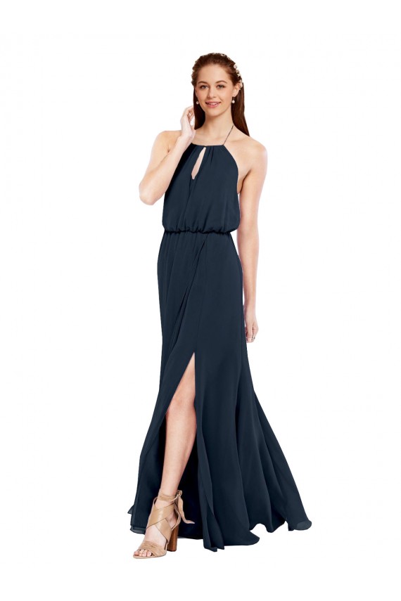 Dunkelmarine A-Linien Neckholder Chiffon Lange Brautjungfernkleider Ausverkauf