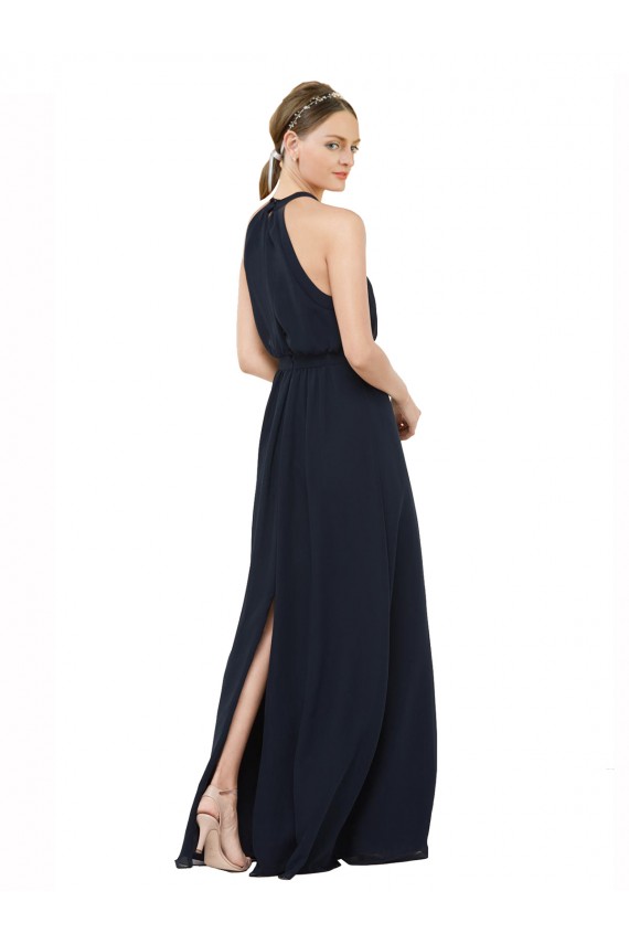 Dunkelmarine A-Linien Neckholder Stehkragen Ausschnitt Chiffon Lange Brautjungfernkleider Ausverkauf