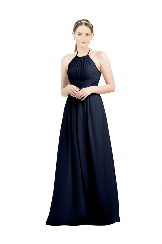 Dunkelmarine A-Linien Neckholder Stehkragen Ausschnitt Chiffon Lange Brautjungfernkleider Ausverkauf