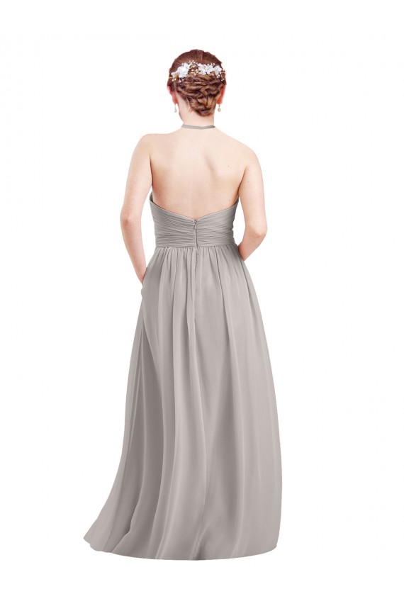 Dunkelmarine A-Linien Neckholder Stehkragen Ausschnitt Chiffon Lange Brautjungfernkleider Ausverkauf