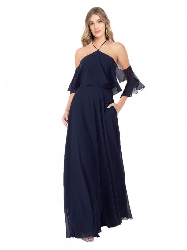 Dunkelmarine A-Linien Neckholder Stehkragen Ausschnitt Chiffon Lange Brautjungfernkleider Ausverkauf