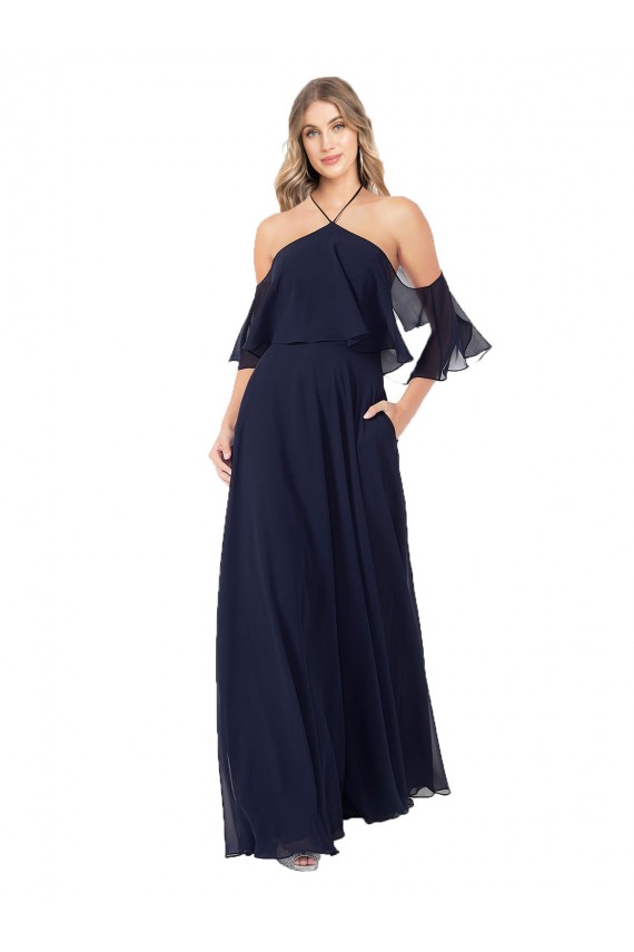 Dunkelmarine A-Linien Neckholder Stehkragen Ausschnitt Chiffon Lange Brautjungfernkleider Ausverkauf