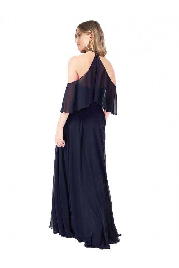 Dunkelmarine A-Linien Neckholder Stehkragen Ausschnitt Chiffon Lange Brautjungfernkleider Ausverkauf