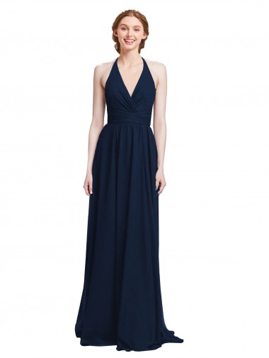 Dunkelmarine A-Linien Neckholder V-Ausschnitt Chiffon Lange Brautjungfernkleider Ausverkauf