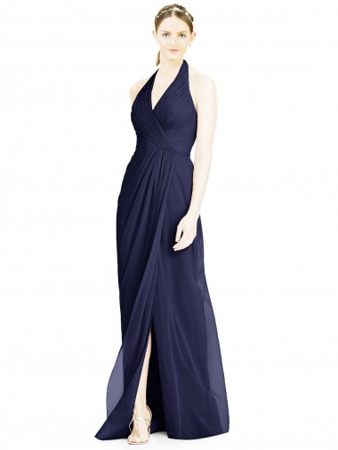 Dunkelmarine A-Linien Neckholder V-Ausschnitt Chiffon Lange Brautjungfernkleider Ausverkauf
