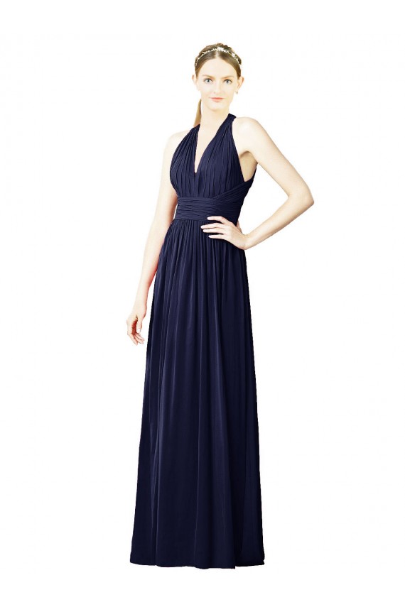 Dunkelmarine A-Linien Neckholder V-Ausschnitt Chiffon Lange Brautjungfernkleider Ausverkauf