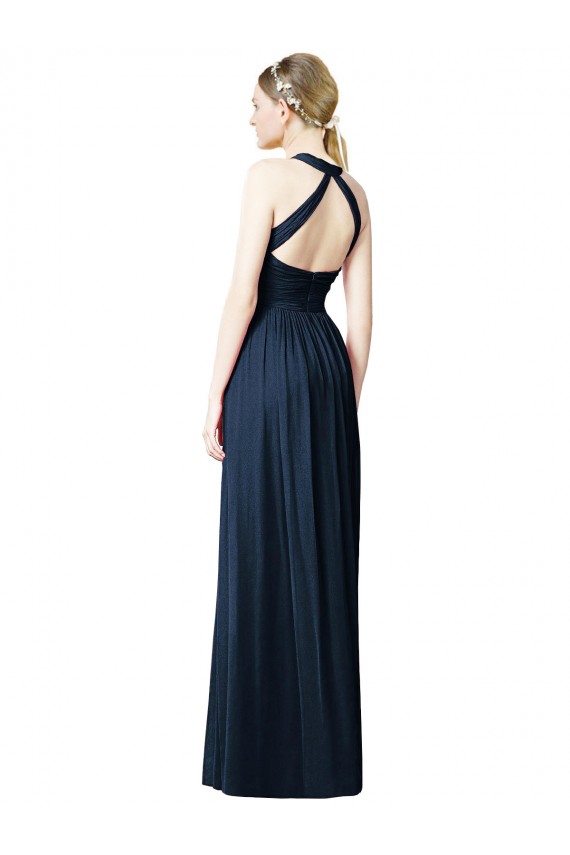 Dunkelmarine A-Linien Neckholder V-Ausschnitt Chiffon Lange Brautjungfernkleider Ausverkauf