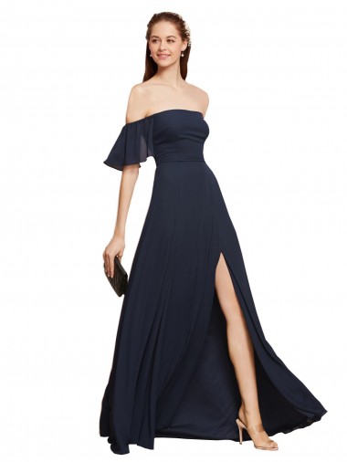 Dunkelmarine A-Linien Off-Schulter Chiffon Lange Brautjungfernkleider / Abiballkleider Ausverkauf
