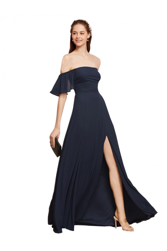 Dunkelmarine A-Linien Off-Schulter Chiffon Lange Brautjungfernkleider / Abiballkleider Ausverkauf