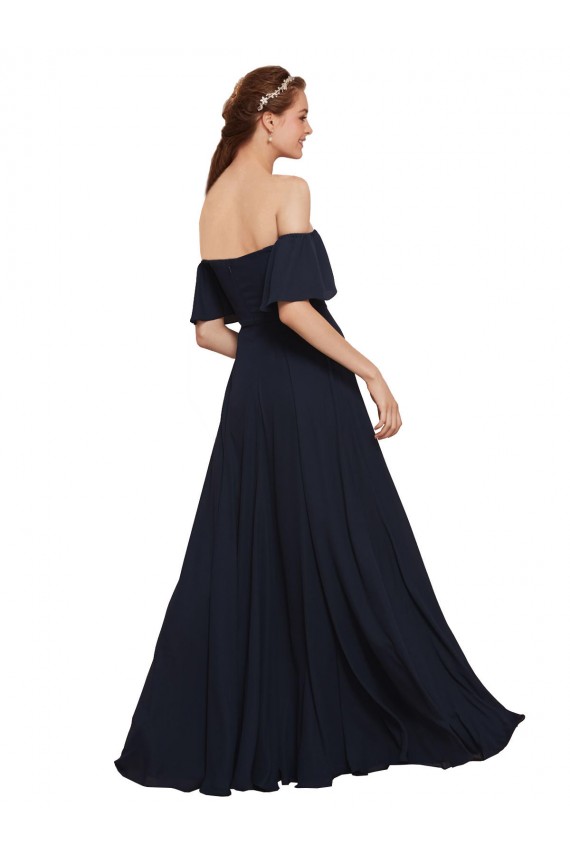 Dunkelmarine A-Linien Off-Schulter Chiffon Lange Brautjungfernkleider / Abiballkleider Ausverkauf