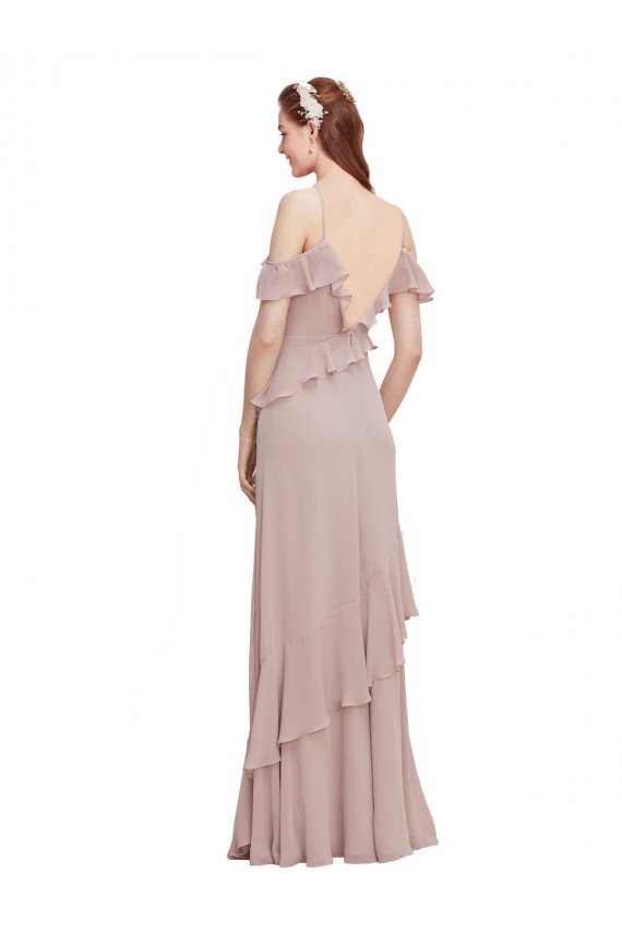 Dunkelmarine A-Linien Off-Schulter Spaghetti-Träger Chiffon Lange Brautjungfernkleider Ausverkauf